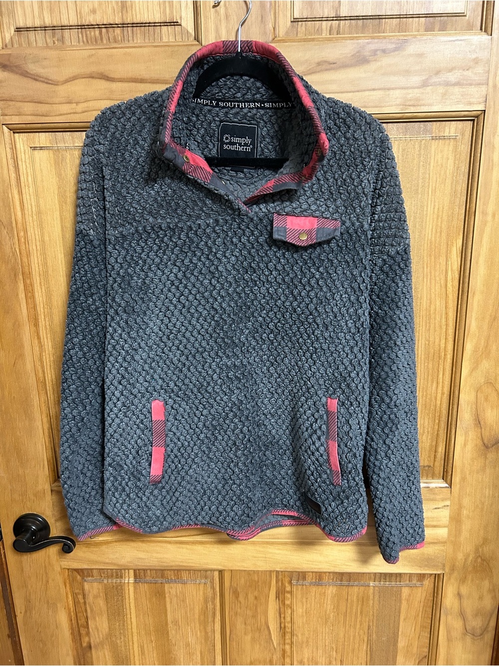 Simply Southern Women’s Charcoal Sherpa Pullover with Pink Plaid Trim
